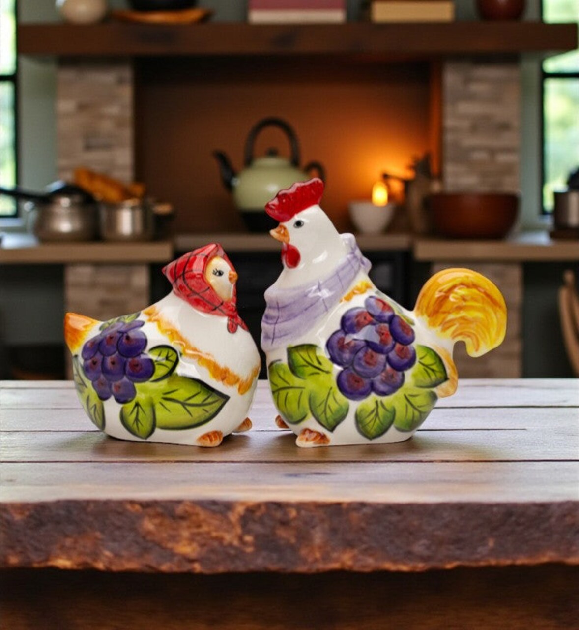 Ceramic Tuscany Rooster & Hen Salt and Pepper with Grape Theme, Farmhouse Kitchen Decor, Winery Decor, Gift for Wine Lover